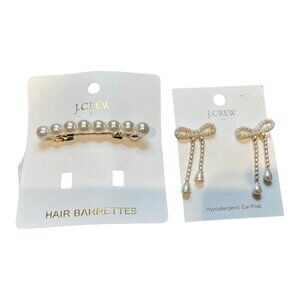 J.Crew Factory Pearl Bow Dangle Earrings and Pearl Barrette Set NWT